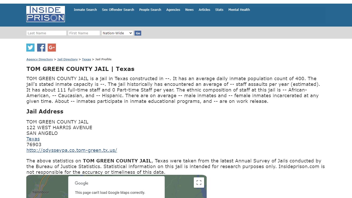 TOM GREEN COUNTY JAIL, Texas | Facility Profile and Statistics | Ethnic ...